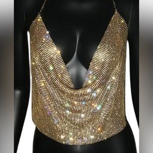 Gold Rhinestone Festival Party Backless Mesh Top